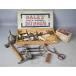 A selection of vintage tools, hammer, spanners, together with a coffer, hot water bed warmer, an