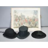 A top hat by Christys of London, two bowler hats, a black and white photograph and hunting print.