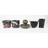 Two slag glass baskets, agate match striker and two further glass baskets.