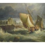 George Chambers Snr (1803-1840): a ship in stormy seas, with coastal houses to the background, 123