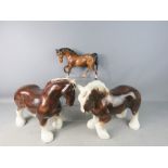 A Beswick pony and two shire horses.