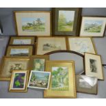 A quantity of pictures and prints, including a floral sketch.