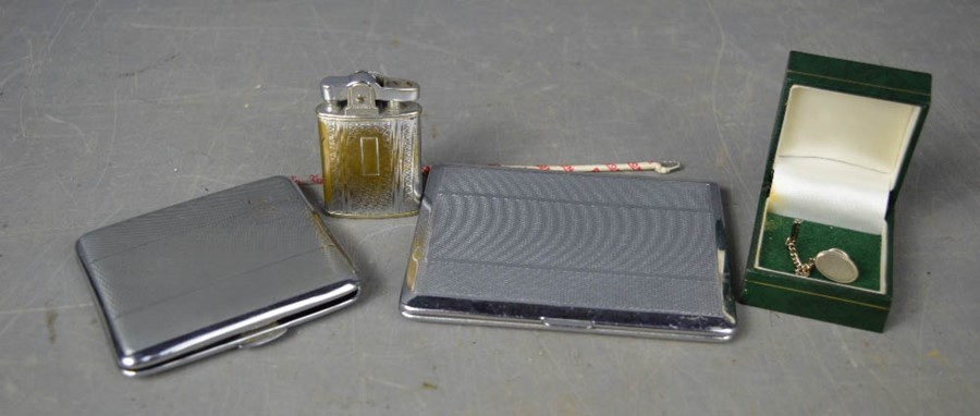 A Ronson zippo lighter, Art Deco cigarette case, and other items.