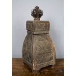 An Indian tea caddy, circa 1900, with chip carved decoration, 27cm high.