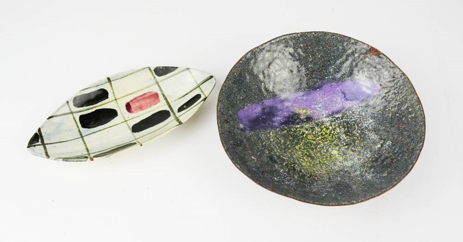 An enamelled copper studio ware bowl and a Wilkenny potters of Ireland dish.