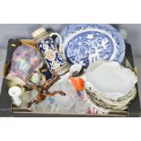 A group of ceramics including German stein, blue and white Willow Pattern pattern plates,