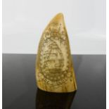 A Scrimshaw style carved tooth, titled Ship Mercury, engraved Captain Daniel Jordan, Green Port,