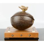 A Vintage coconut box on an inlaid wooden base, the lid having a brass bird finial.