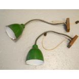A pair of 1940s swan neck retro lamps, with green metal shades.