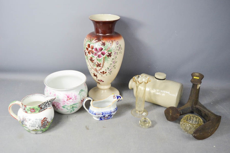 A set of 'Ming' jugs, stoneware flask, glass case, shoe last and other items.