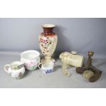 A set of 'Ming' jugs, stoneware flask, glass case, shoe last and other items.