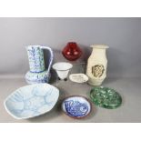 A group of ceramics and glass to include tea light holder, studio pottery vase, dishes, large jug