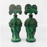 A pair of Art Deco Bohemian green malachite perfume bottle, modelled with female nudes.