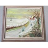 An oil on board depicting winter scene in the style of Norman Cornish, 39 by 44cm.