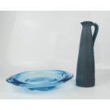 A blue glass Mid Century dish and a vase by Brockmann.