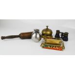 A novelty lighter a Victorian table bell, Cinzano ashtray and pair of opera glasses.