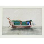A Chinese gouache on pith paper, circa 1880, depicting a barge, 10 by 14cm.