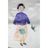 A silk embroidered panel depicting a lady with fan and a swallow, 47 by 34cm.