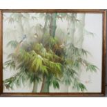 A 20th century Chinese school oil on canvas depicting butterflies and birds in a bamboo tree,