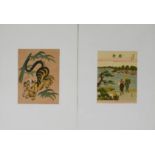 A Chinese woodblock print depicting fisherfolk alongside a mirror, and one depicting a tiger.