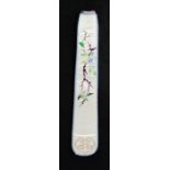 A Chinese silk fan case circa 1920, hand embroidered to depict a bird perched upon a branch, 30cm