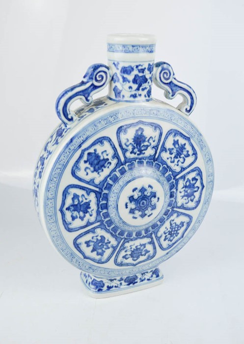 A Chinese 20th century blue and white moon flask, transfer ware, seal mark to the base, 31cm high.