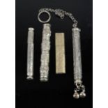 Four 19th century Chinese silver needle cases, including one with bell tassels and chain, . [p76