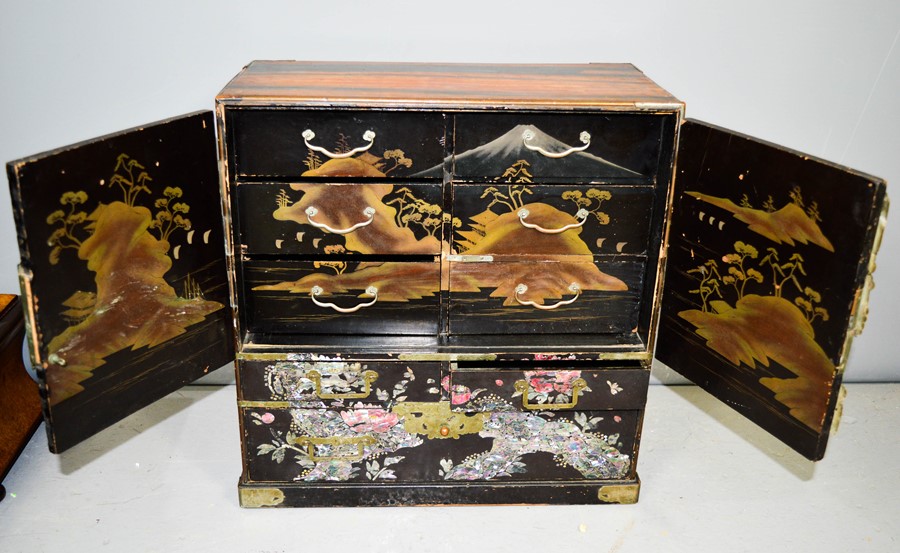 An early 19th century ebonised Chinoiserie decorated cabinet, with mother of pearl inlaid doors, - Image 3 of 3