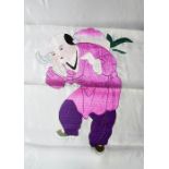 A 1920s silk Chinese embroidery depicting a man dressed in pink and purple attire, 70 by 50cm.