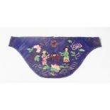 A Chinese 1920s silk waist pouch, depicting figures 'taking tea' amongst lilies for purity and