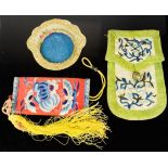 A Chinese hand embroidered silk purse 'San Lan' three blues, circa 1930, embroidered with green