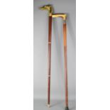 Two walking sticks, one with brass horse head handle, the other in horn.