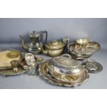 A selection of silver plated dishes, coffee pots, tureen etc.