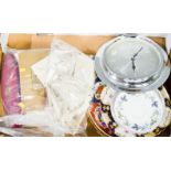 A miscellaneous group of items to include antique lace, ceramics printed ephemera and two clocks.