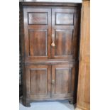 An 18th century oak corner cupboard, with panelled doors, and painted shelved interior.