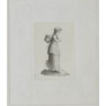 A 19th century portrait of a woman carrying a basket, monochrome watercolour, embossed paper border,