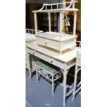 A Chinese style white painted dressing table with matching stool and stand with single drawer and