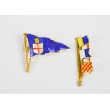 Two 9ct gold brooches, in the form of flags, 7.9g. total.