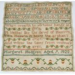 A 19th century sampler, by Margaret Hodgson aged 9, 1822, with alphabet, and verse.