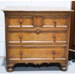 An oak chest of three drawers, small proportions. 81cms wide x 77cms high x 45.5cms deep