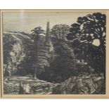 A monochrome print, of hillside with church, 15 by 18cm.