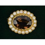 A 9ct gold and smokey quartz and seed pearl brooch, 6.4g.