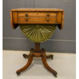 A 19th century rosewood work table, green silk box, with drop leaves and raised on scroll feet, 74