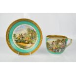 A 19th century Prattware cup and saucer, with turquoise ground, depicting farm scenes.