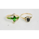 Two 9ct gold rings, one flowerhead form, size R, and a green paste ring size S, 4.2g.