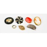 A group of brooches; a micro mosaic floral oval brooch, agate brooch, a cameo brooch set in 800