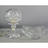 A crystal table lamp and shade, together with a crystal bowl 20cm diameter.