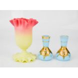 A pair of miniature bohemian blue glass vases, with gilt decoration, together with a glass vase with