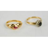 A 9ct gold flowerhead dress ring size L, a 9ct gold ring set with pink paste stones, size M.