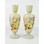 A pair of Bohemian opaque glass vases, hand painted with flowers, 28cm high.